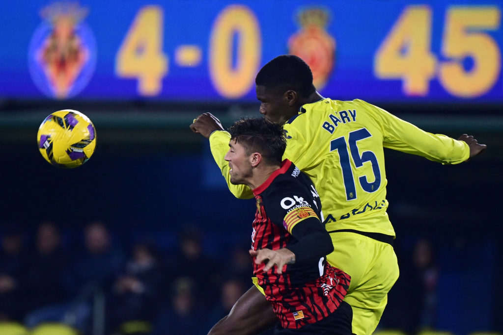 Thierno Barry challenges for a header playing for Villarreal.