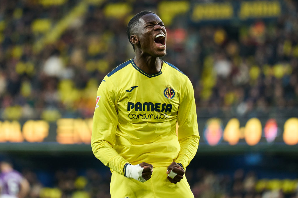 Thierno Barry celebrates for Villarreal against Real Valladolid.