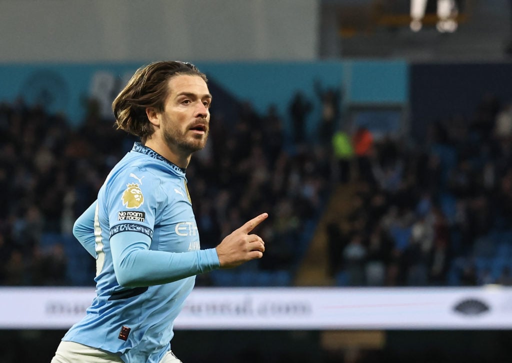Jack Grealish celebrates scoring for Manchester City.