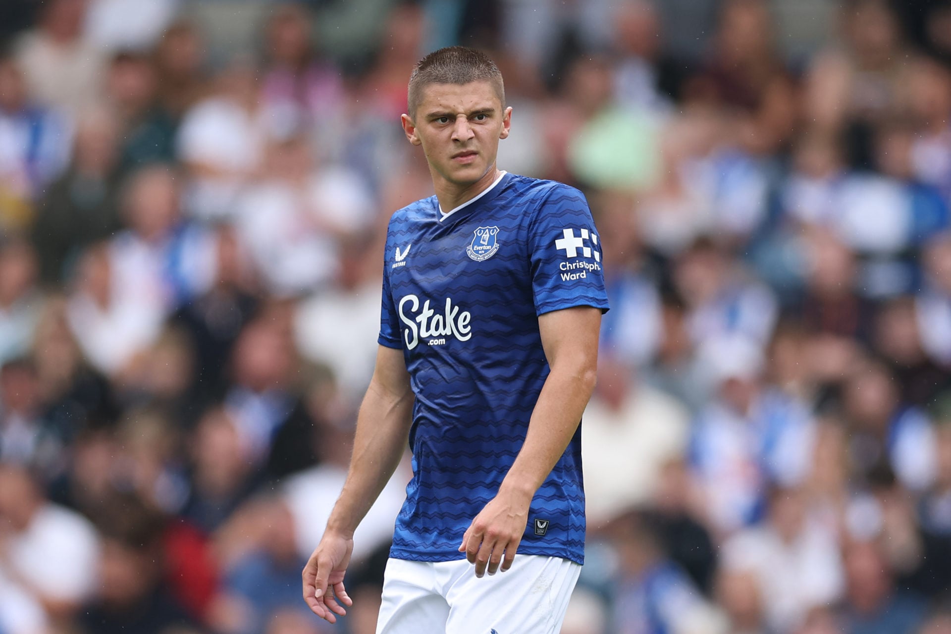 Vitaliy Mykolenko looks on during Blackburn vs Everton.