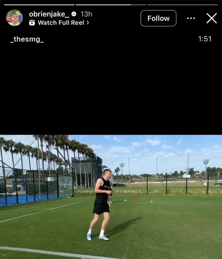 Everton's Jake O'Brien works individually in a warm-weather training camp.