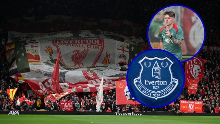 Liverpool fans at Anfield. Inset, Ben Doak training for Liverpool. Inset, Everton badge.