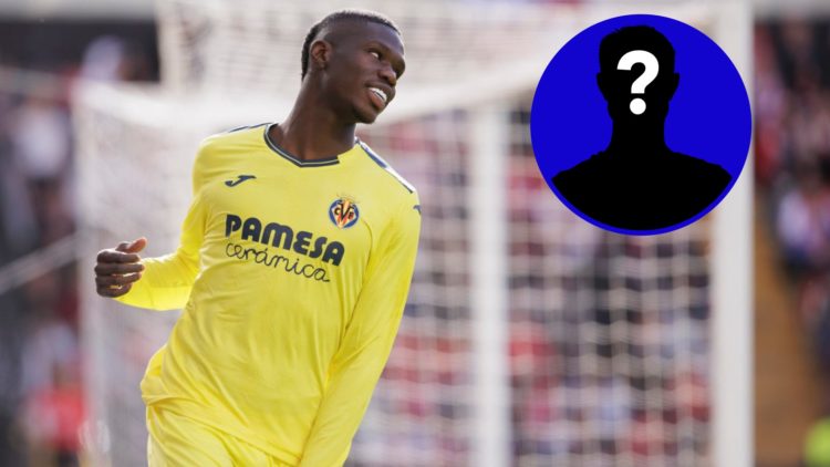 Villarreal striker Thierno Barry smiling whilst playing in LaLiga. Inset, Everton mystery player.