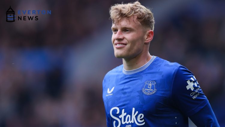 Jarrad Branthwaite smiles as Everton face Manchester City at Goodison Park.