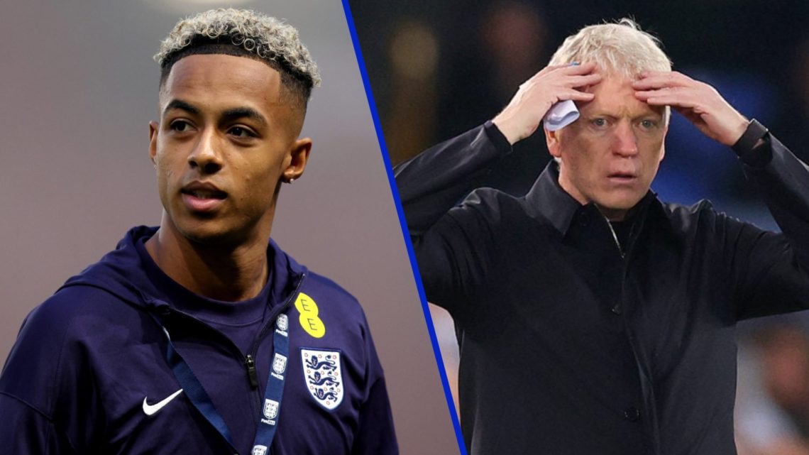 Split image of Omari Hutchinson in England tracksuit and Everton manager David Moyes looks on in disbelief.