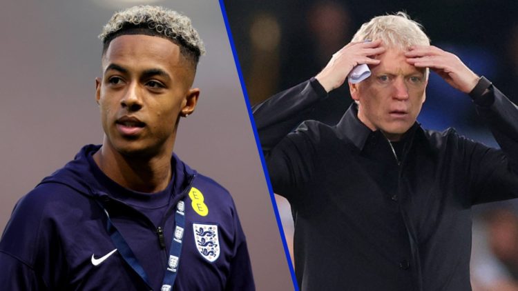 Split image of Omari Hutchinson in England tracksuit and Everton manager David Moyes looks on in disbelief.