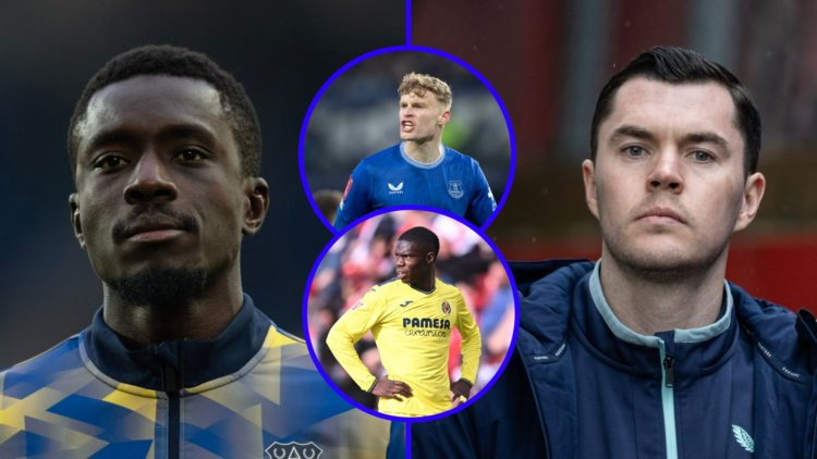 Idrissa Gana Gueye in Everton training gear (left), Michael Keane in Everton training gear (right), Jarrad Branthwaite playing for Everton (upper i...