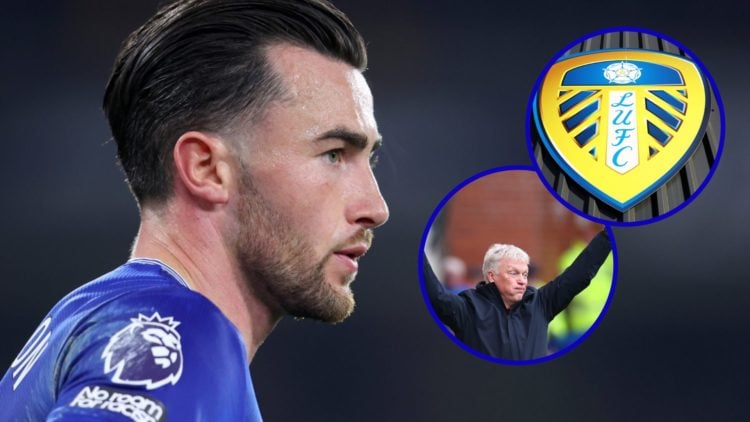 Jack Harrison looking on whilst playing for Everton. Inset, Everton boss David Moyes complains. Inset, Leeds United badge.
