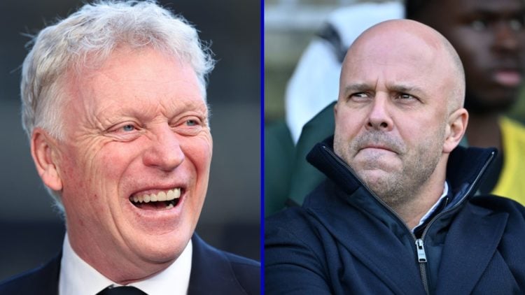 Split image of Everton manager David Moyes laughing and Liverpool boss Arne Slot looks on.