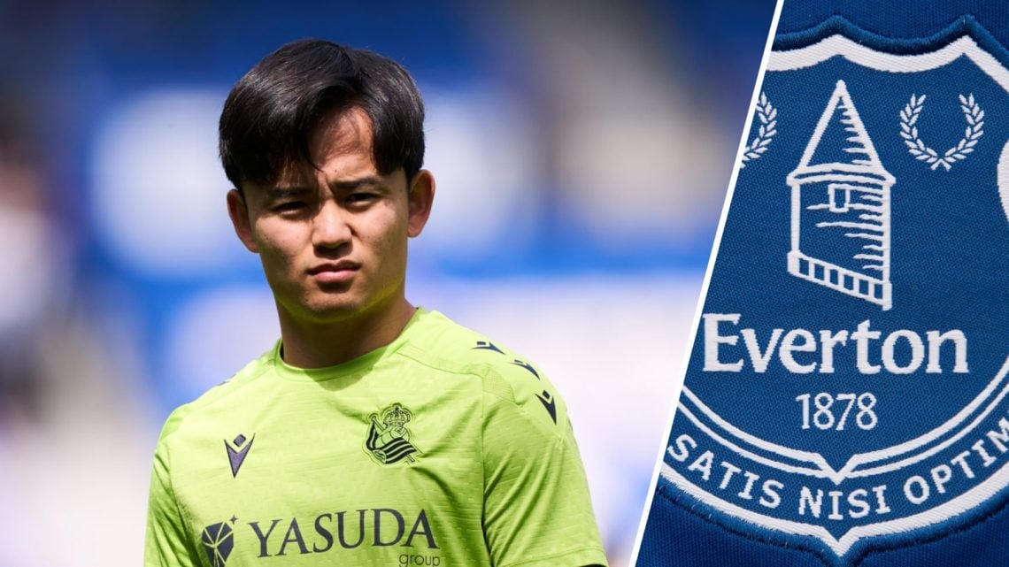 Takefusa Kubo playing for Real Sociedad (left), Everton badge (right)