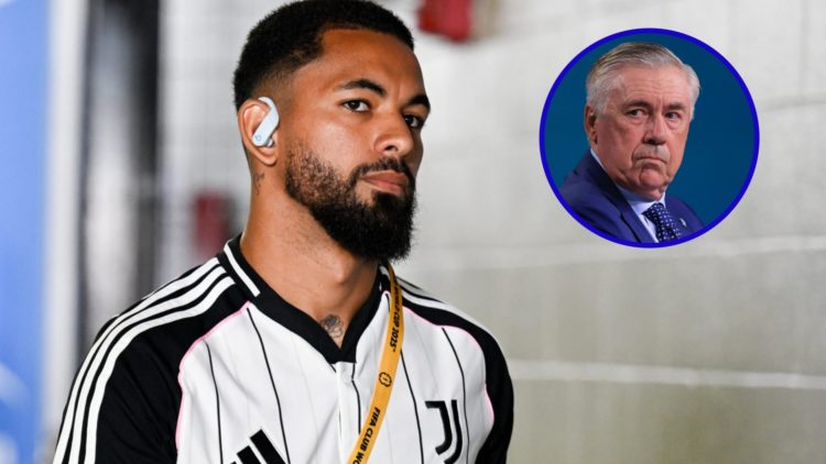Douglas Luiz prior to Juventus game. Inset, former Everton boss Carlo Ancelotti looking on.