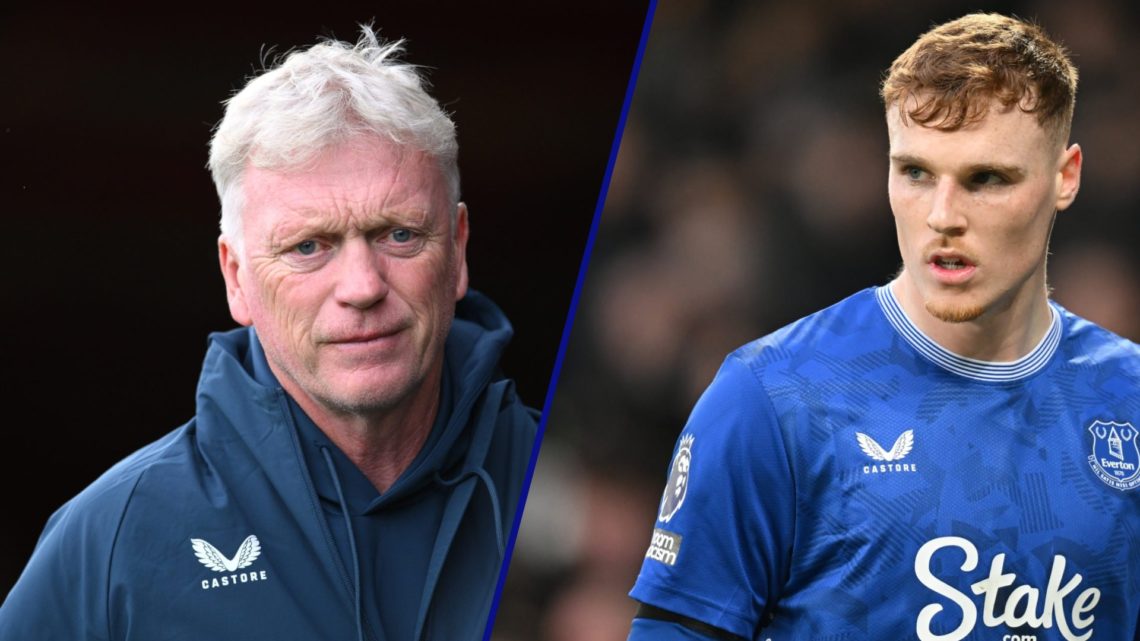 David Moyes ahead of Everton's pre-season game against Accrington Stanley. Jake O'Brien plays during a Premier League game for Everton.