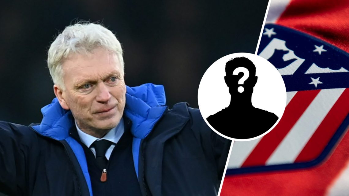 Everton manager David Moyes looks on (left), Atletico Madrid badge (right), mystery player (inset)