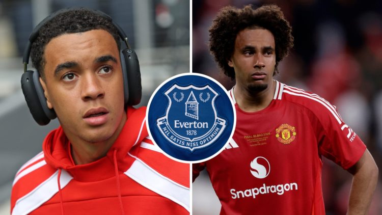 Bayern Munich playmaker Jamala Musiala and Manchester United attacker Joshua Zirkzee. Inset of Everton badge.