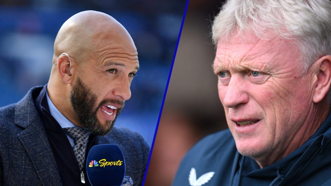 Tim Howard commentates for a Premier League game between Everton and AFC Bournemouth. David Moyes looks on as Everton face Accrington Stanley at th...