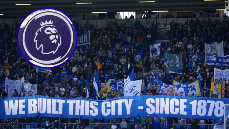 Everton fans with banners and flags at Goodison Park. Inset, the Premier League logo.