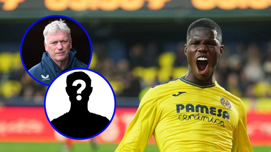 Thierno Barry celebrates for Villarreal (right), Everton manager David Moyes looks on (upper inset), mystery player (lower inset)