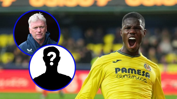 Thierno Barry celebrates for Villarreal (right), Everton manager David Moyes looks on (upper inset), mystery player (lower inset)