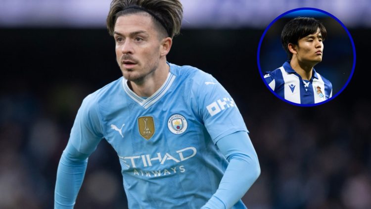 Manchester City winger Jack Grealish in action. Inset, Real Sociedad midfielder Takefusa Kubo looks on.