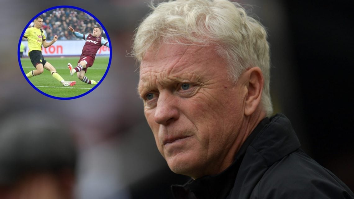 Everton manager David Moyes looking on. Inset, Burnley's Maxime Esteve challenges Jarrod Bowen.