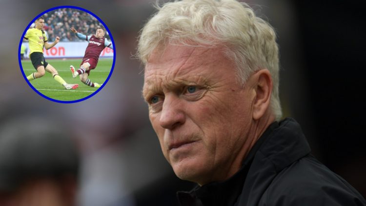 Everton manager David Moyes looking on. Inset, Burnley's Maxime Esteve challenges Jarrod Bowen.