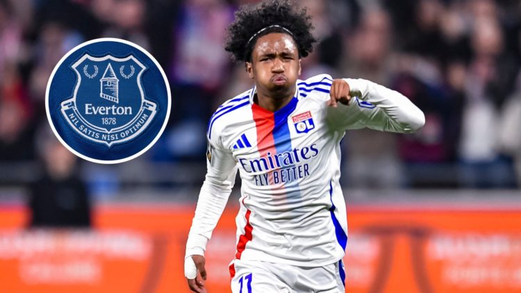 Lyon winger Malick Fofana. Inset of Everton badge.