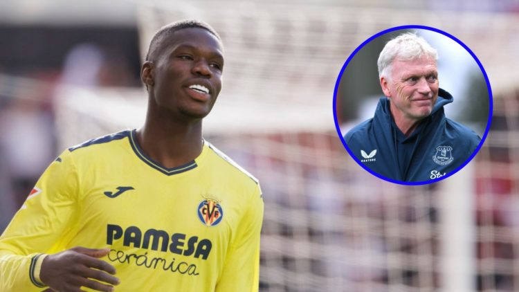 Thierno Barry celebrates for Villarreal (left), Everton manager David Moyes looks on (inset)