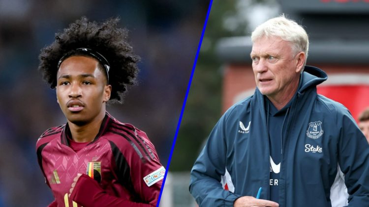 Malick Fofana playing for Belgium (left), Everton manager David Moyes watches on (right)