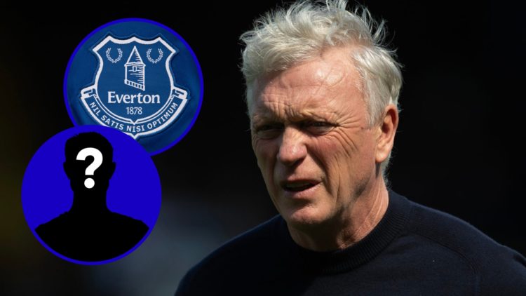 Everton manager David Moyes looking on. Inset, Everton badge. Inset, EN Mystery player icon.