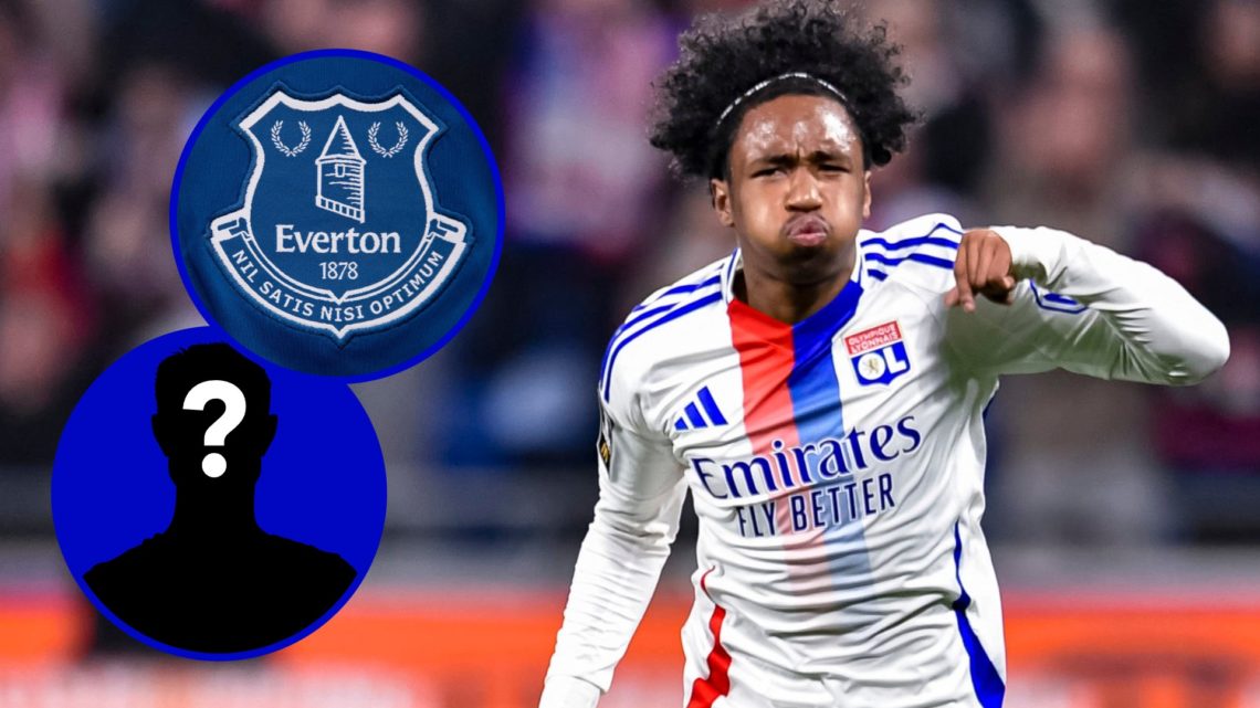 Lyon winger Malick Fofana celebrating. Inset, Everton badge. Inset, EN Mystery player.