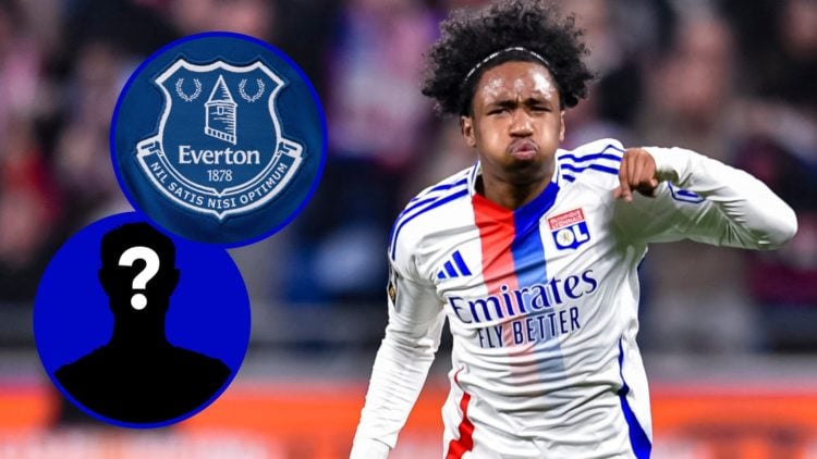 Lyon winger Malick Fofana celebrating. Inset, Everton badge. Inset, EN Mystery player.