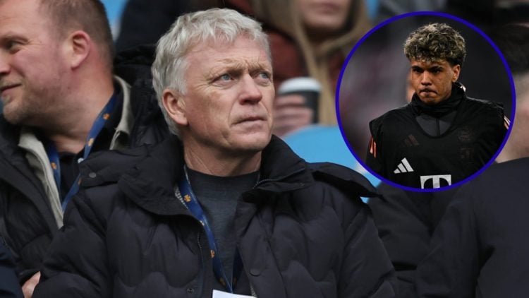 Everton manager David Moyes watches on from the stands. Inset, Bayern Munich's Adam Aznou.