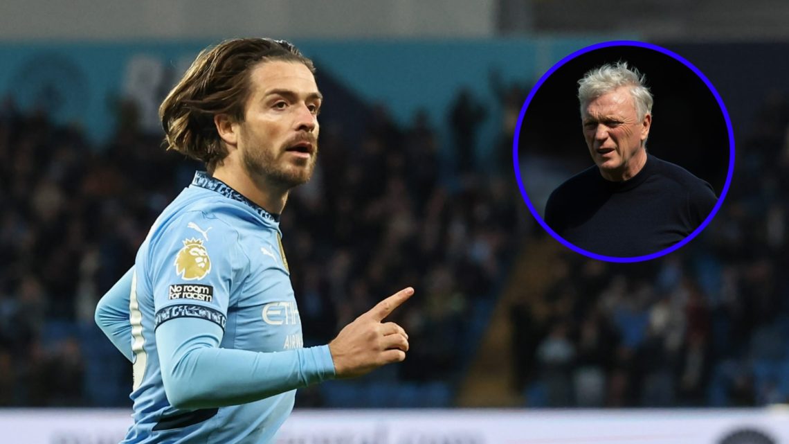 Jack Grealish celebrates after scoring for Manchester City (left), Everton manager David Moyes looks on (inset)