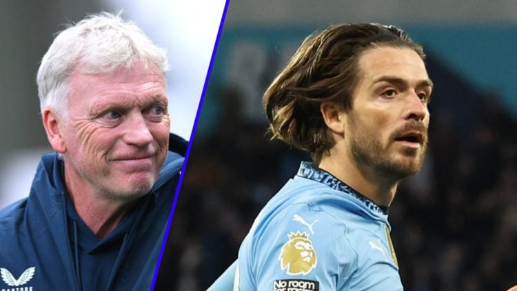 Everton manager David Moyes looks on (left), Jack Grealish playing for Manchester City (right)