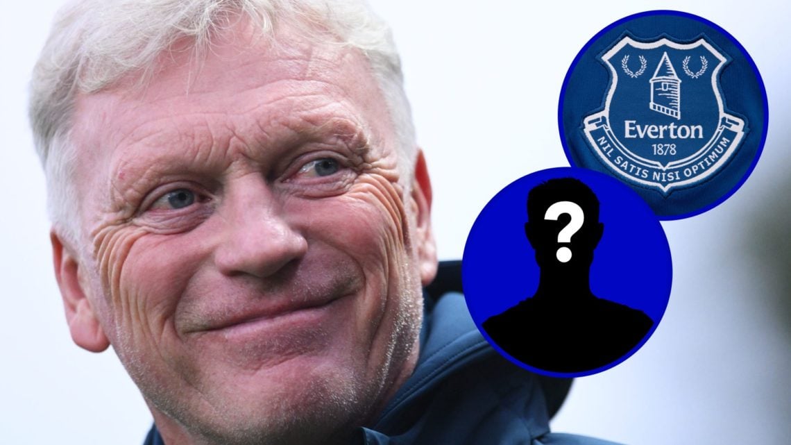 Everton manager David Moyes smiling. Inset, Everton badge. Inset, EN Mystery player icon.