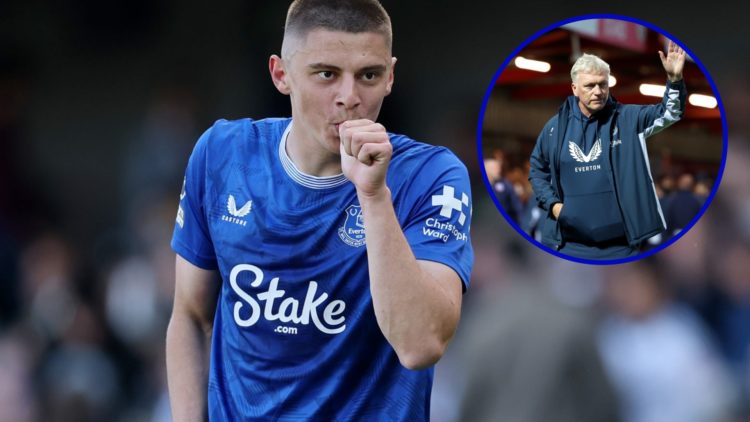 Everton player Vitaliy Mykolenko celebrating for Everton. Inset, David Moyes waving at Everton fans.