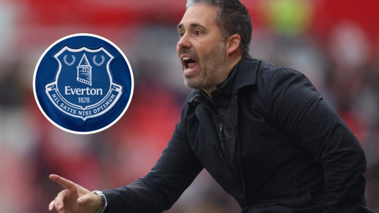 Leicester City manager Marti Cifuentes. Inset of Everton badge.