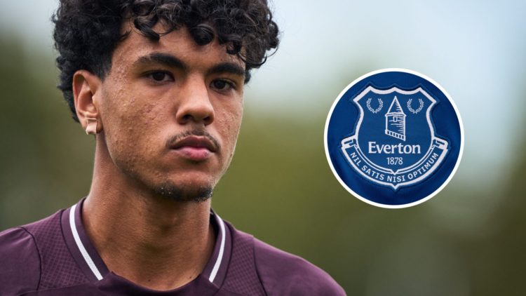 Everton's new signing Adam Aznou. Inset of Everton badge.