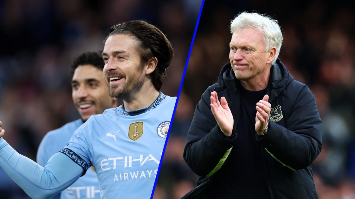 Jack Grealish celebrates after scoring for Manchester City vs Leicester City. David Moyes applauds Everton fans after West Ham draw.