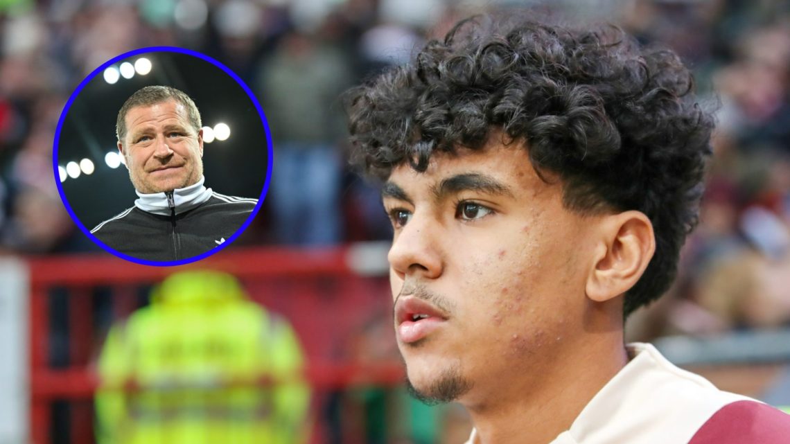 Adam Aznou looks on (right), Bayern Munich CEO Max Eberl looks on (inset)