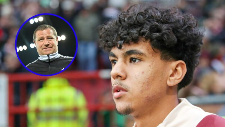 Adam Aznou looks on (right), Bayern Munich CEO Max Eberl looks on (inset)