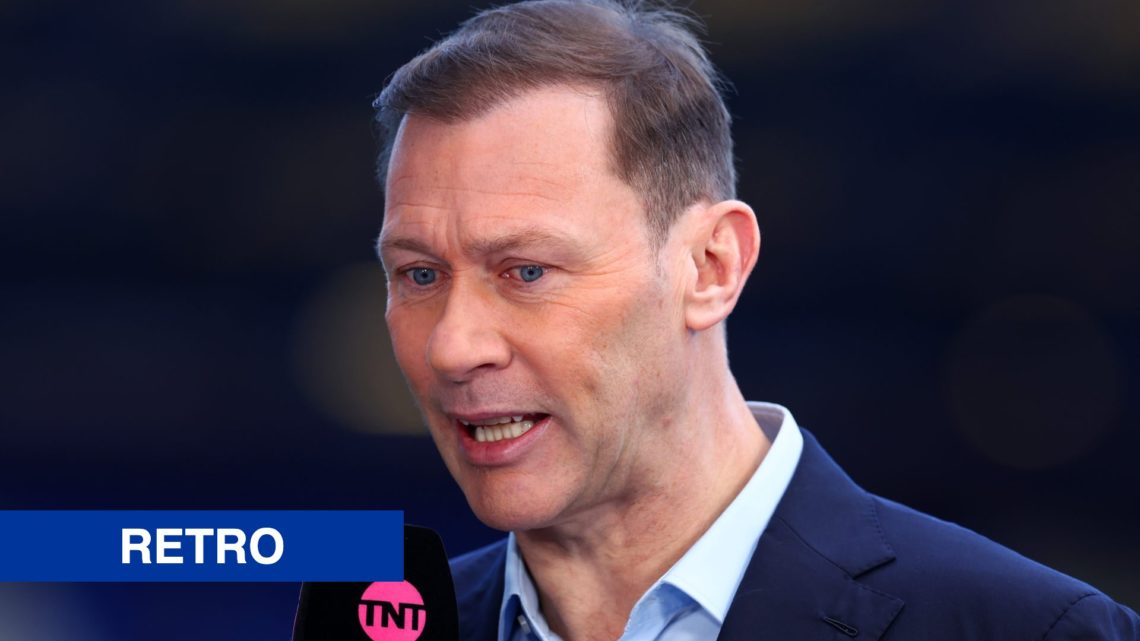 Former Everton striker Duncan Ferguson. Inset of retro banner.
