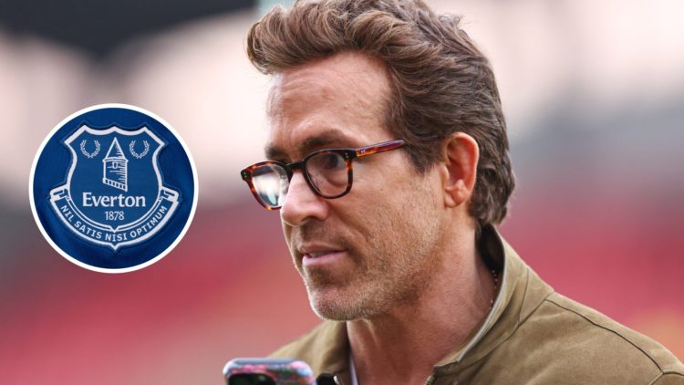 Wrexham owner Ryan Reynolds. Inset of Everton badge.