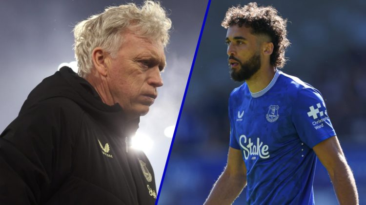 Split image of Everton boss David Moyes puffing his cheeks and Dominic Calvert-Lewin whilst playing for Everton.