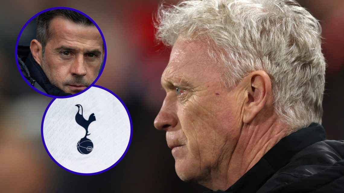 Everton manager David Moyes looking on. Inset, Fulham boss Marco Silva. Inset, Tottenham badge.