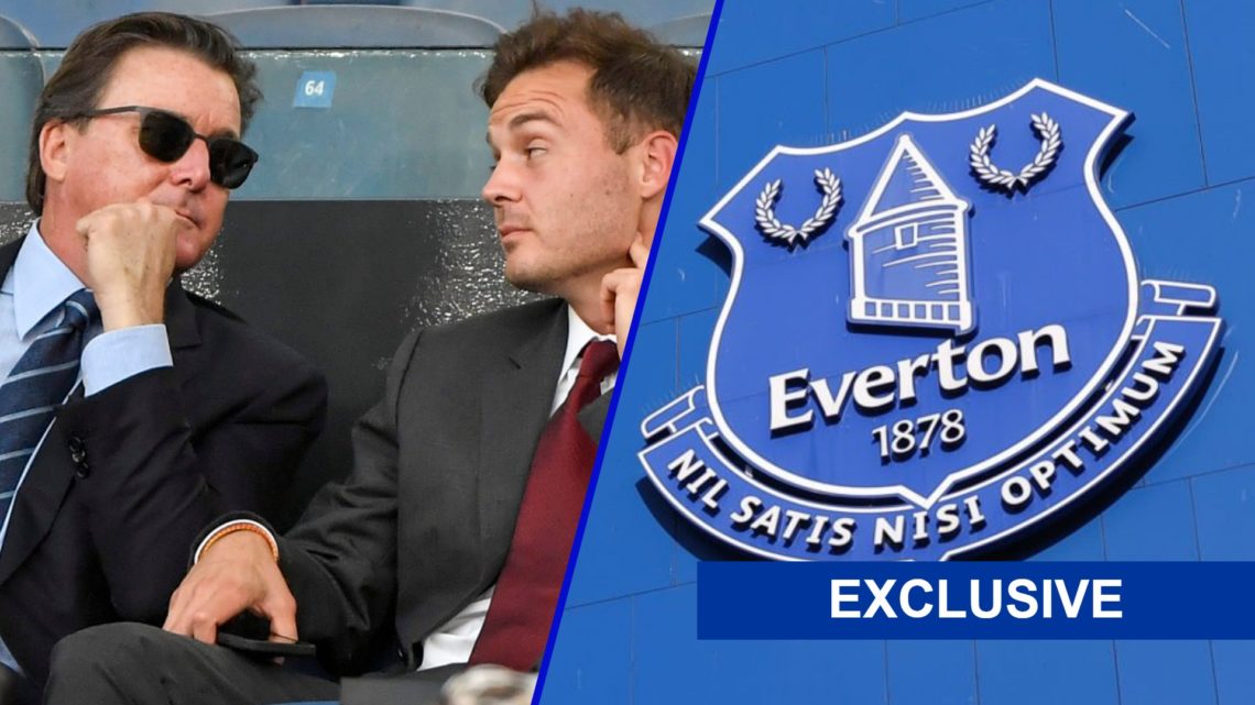 Split image of The Friedkins in coversation at a Roma match and the Everton badge on Goodison Park.