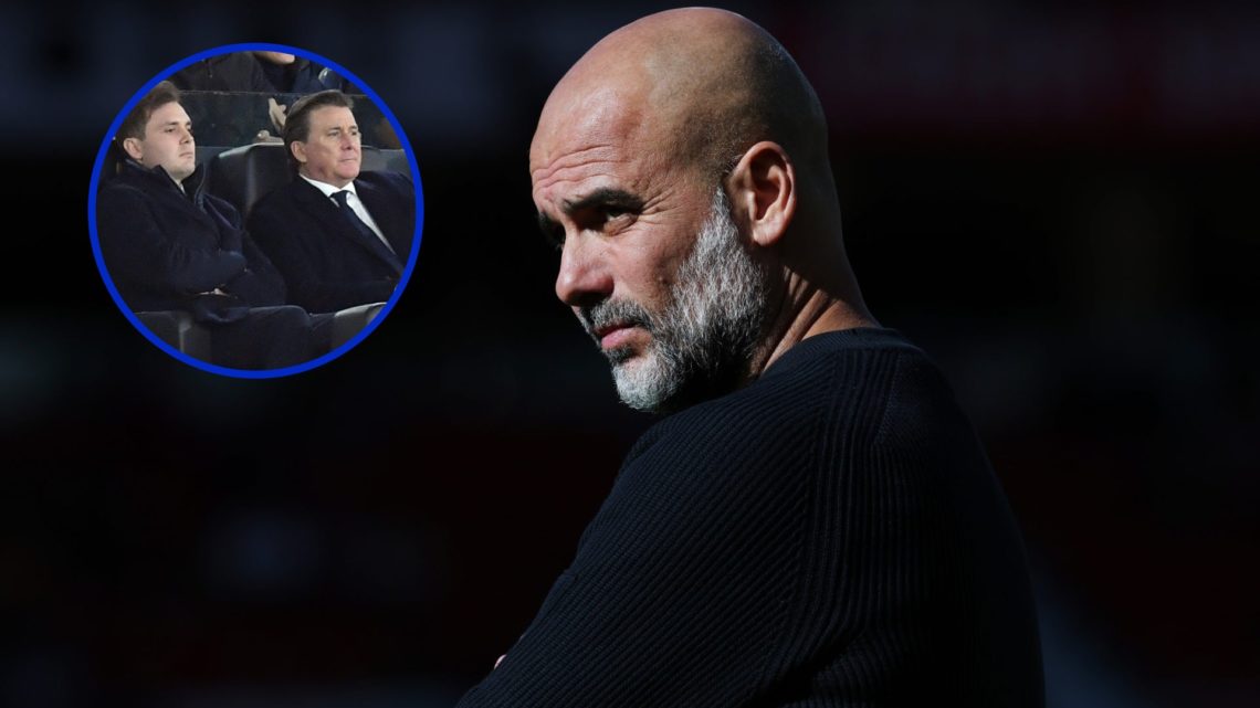 Pep Guardiola watching on as Manchester City manager. Inset, Dan Friedkin and Ryan Friedkin watching Roma.
