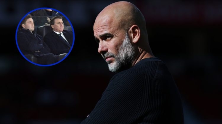 Pep Guardiola watching on as Manchester City manager. Inset, Dan Friedkin and Ryan Friedkin watching Roma.