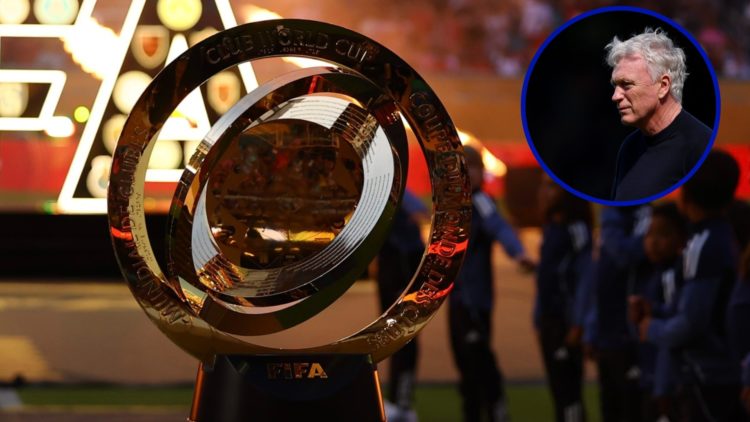 The FIFA Club World Cup trophy in 2025. Inset, Everton manager David Moyes looking on.