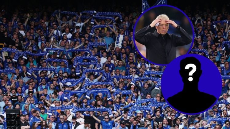 Everton fans at Goodison Park. Inset, David Moyes with hands on head during Everton vs Aston Villa.